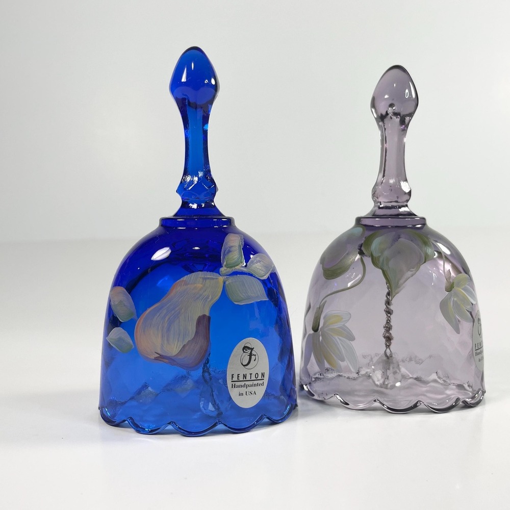 Vintage Fenton Glass Bells: Hand-Painted Blue Pear &‎ Lavender Flower, Signed